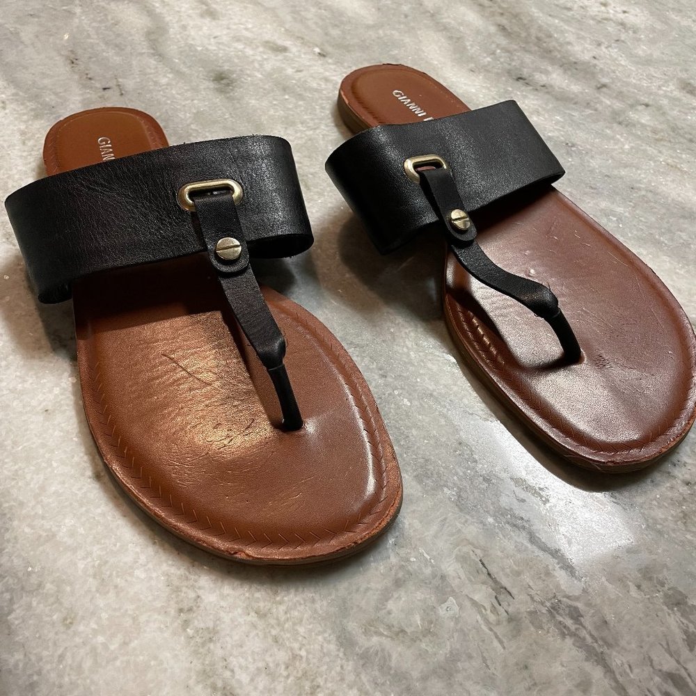 Gianni Bini Fairiss Sandals Black Brown Leather Metal Thong Sz 9